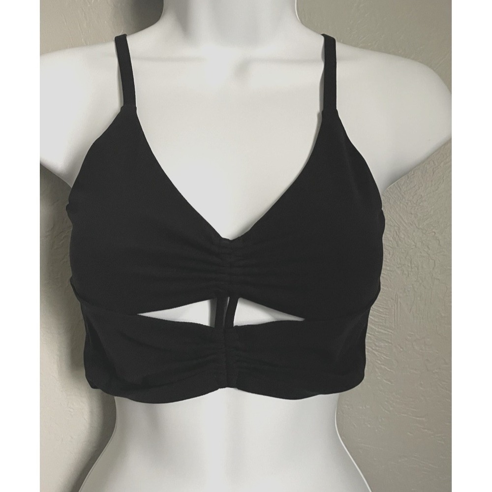 Athleta Crop Top Womens XS Black Strappy Cinched Key Hole Yoga Athletic Pull On